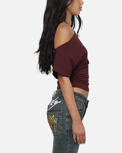 AVILA Ed Hardy Women's Off Shoulder T-Shirt Plum