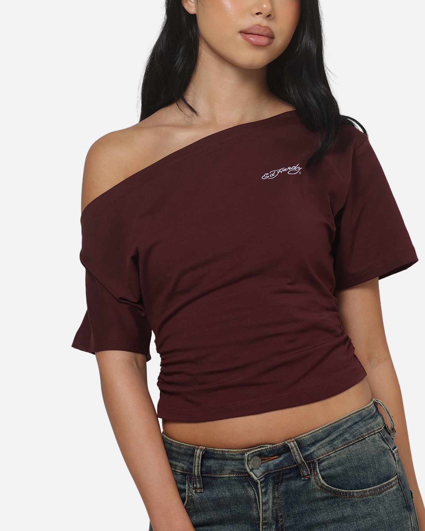 AVILA Ed Hardy Women's Off Shoulder T-Shirt Plum
