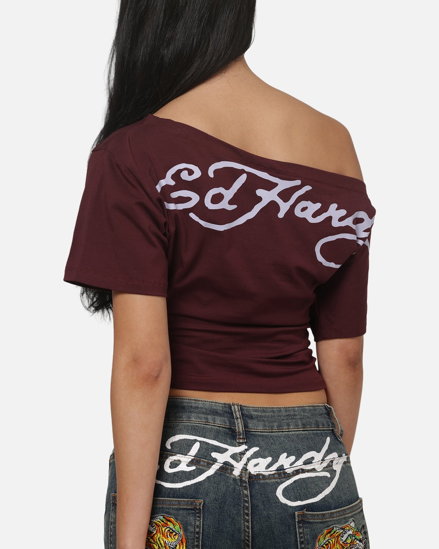 AVILA Ed Hardy Women's Off Shoulder T-Shirt Plum