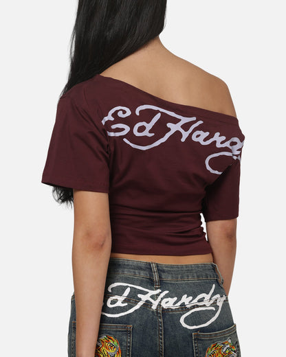 AVILA Ed Hardy Women's Off Shoulder T-Shirt Plum