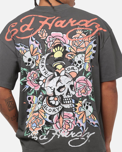Ed Hardy Floral Skull T-Shirt Charcoal