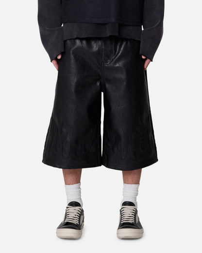 MNML Ultra Baggy Leather Flame Shorts Black