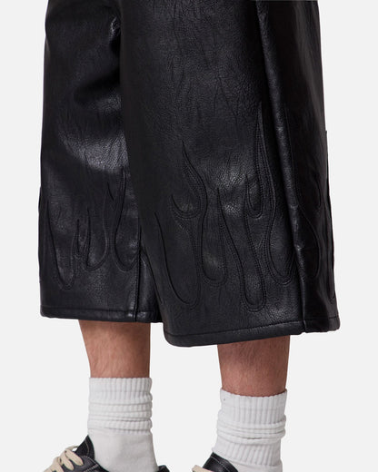 MNML Ultra Baggy Leather Flame Shorts Black