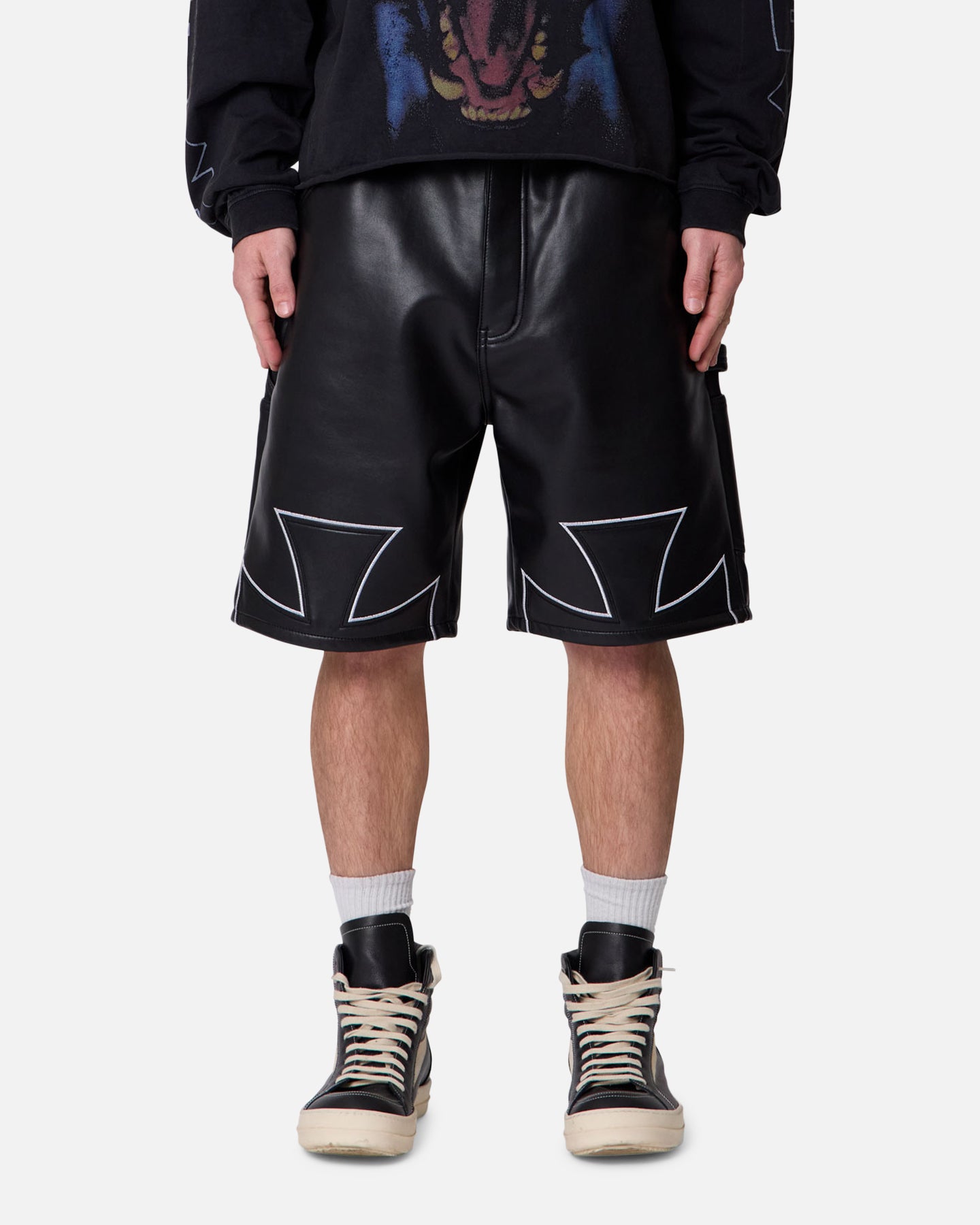 MNML Ultra Baggy Iron Cross Leather Shorts Black