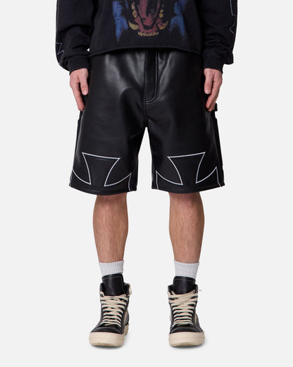 MNML Ultra Baggy Iron Cross Leather Shorts Black