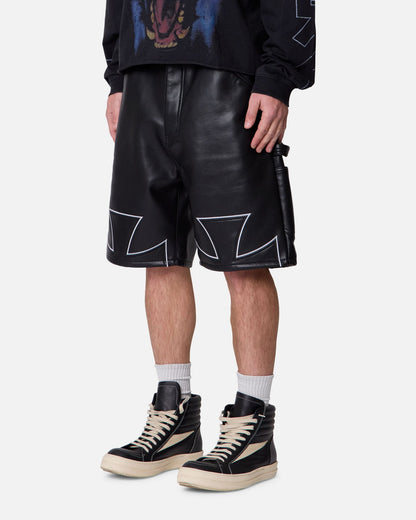 MNML Ultra Baggy Iron Cross Leather Shorts Black