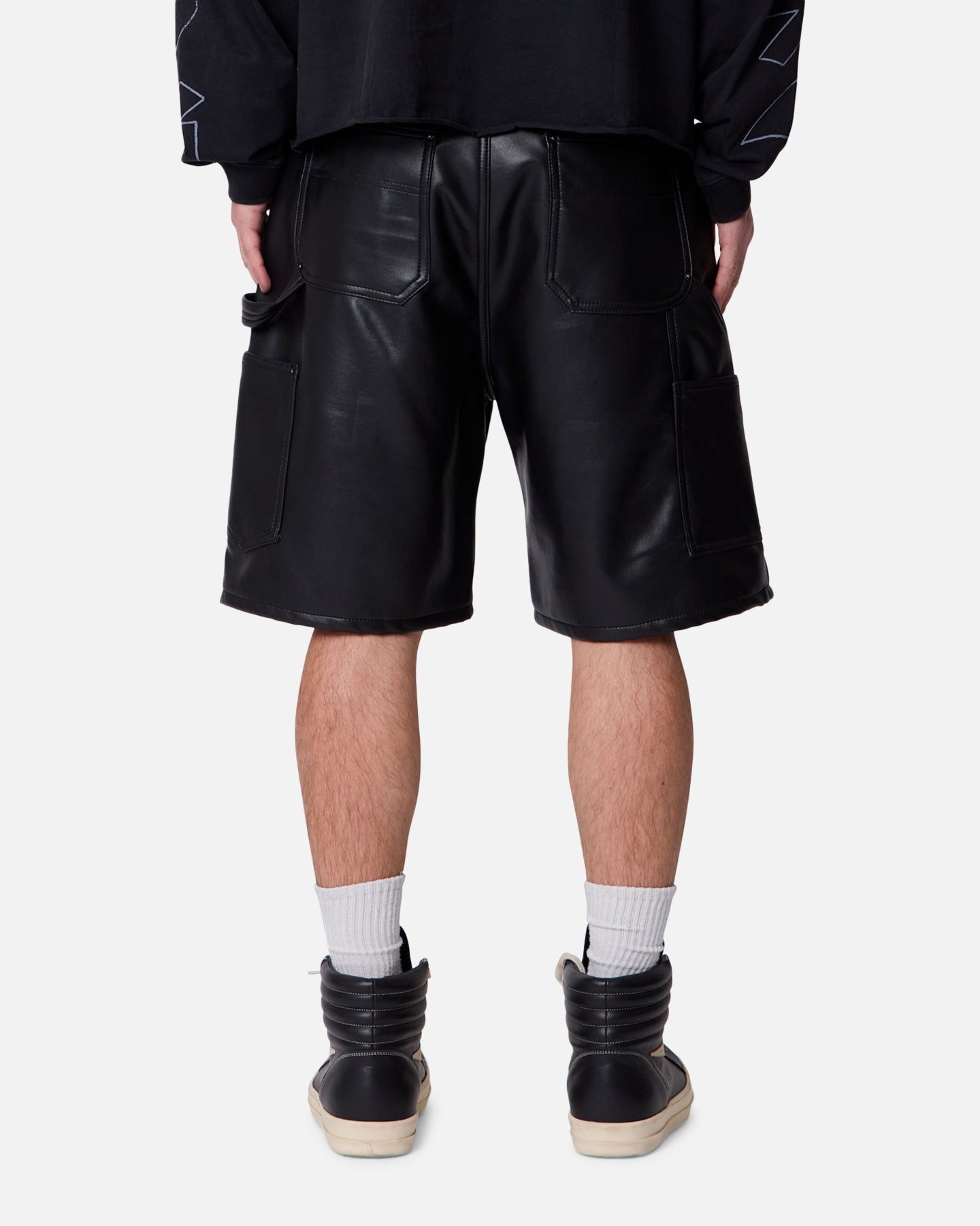 MNML Ultra Baggy Iron Cross Leather Shorts Black