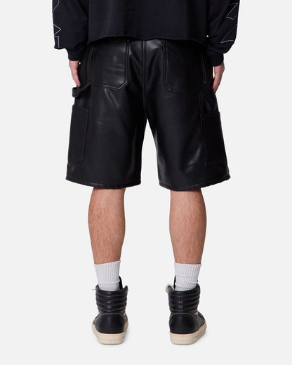 MNML Ultra Baggy Iron Cross Leather Shorts Black