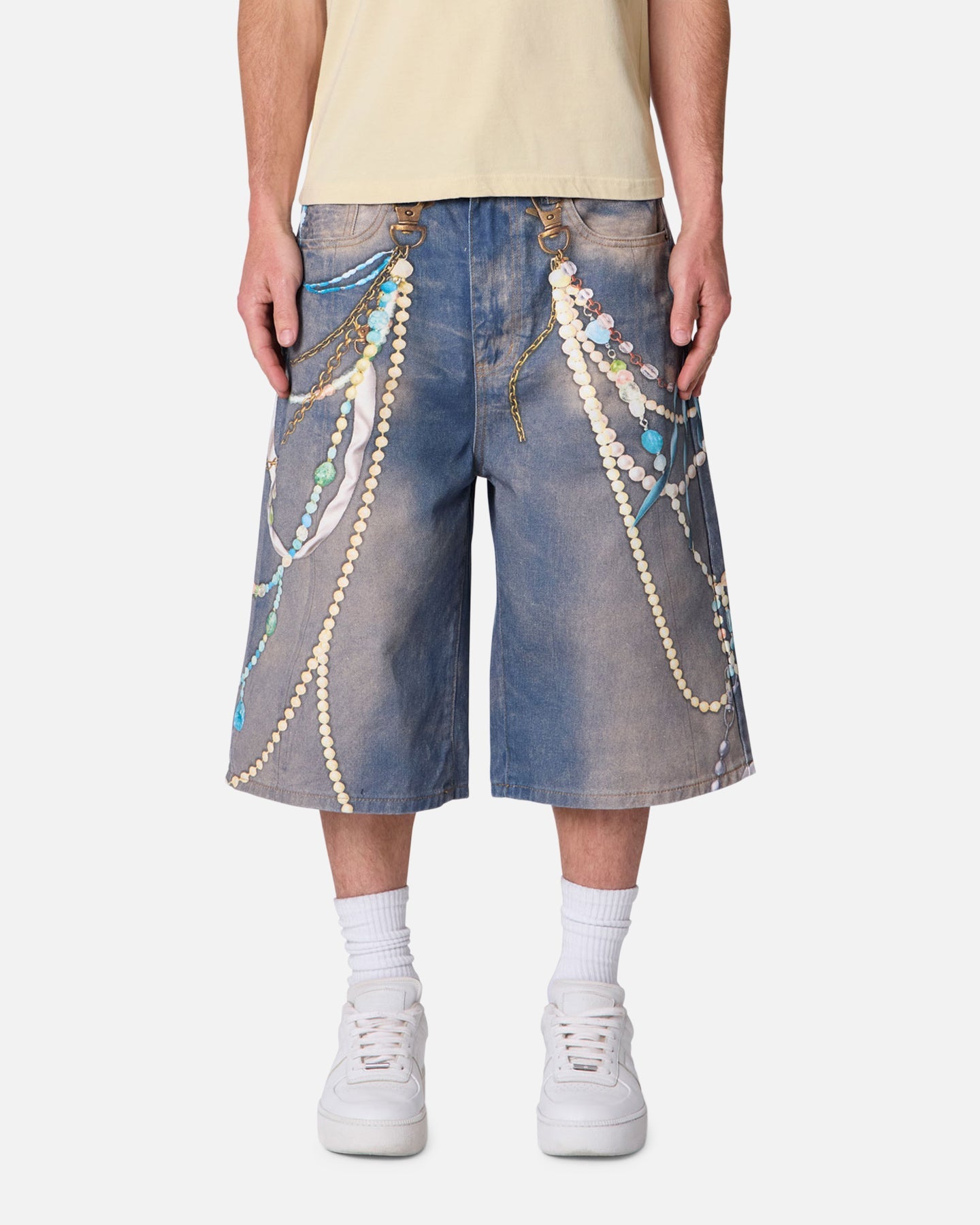 MNML Ultra Baggy Chain Printed Denim Shorts Light Blue