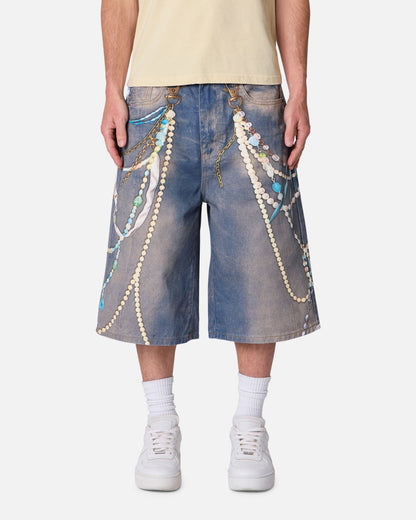 MNML Ultra Baggy Chain Printed Denim Shorts Light Blue