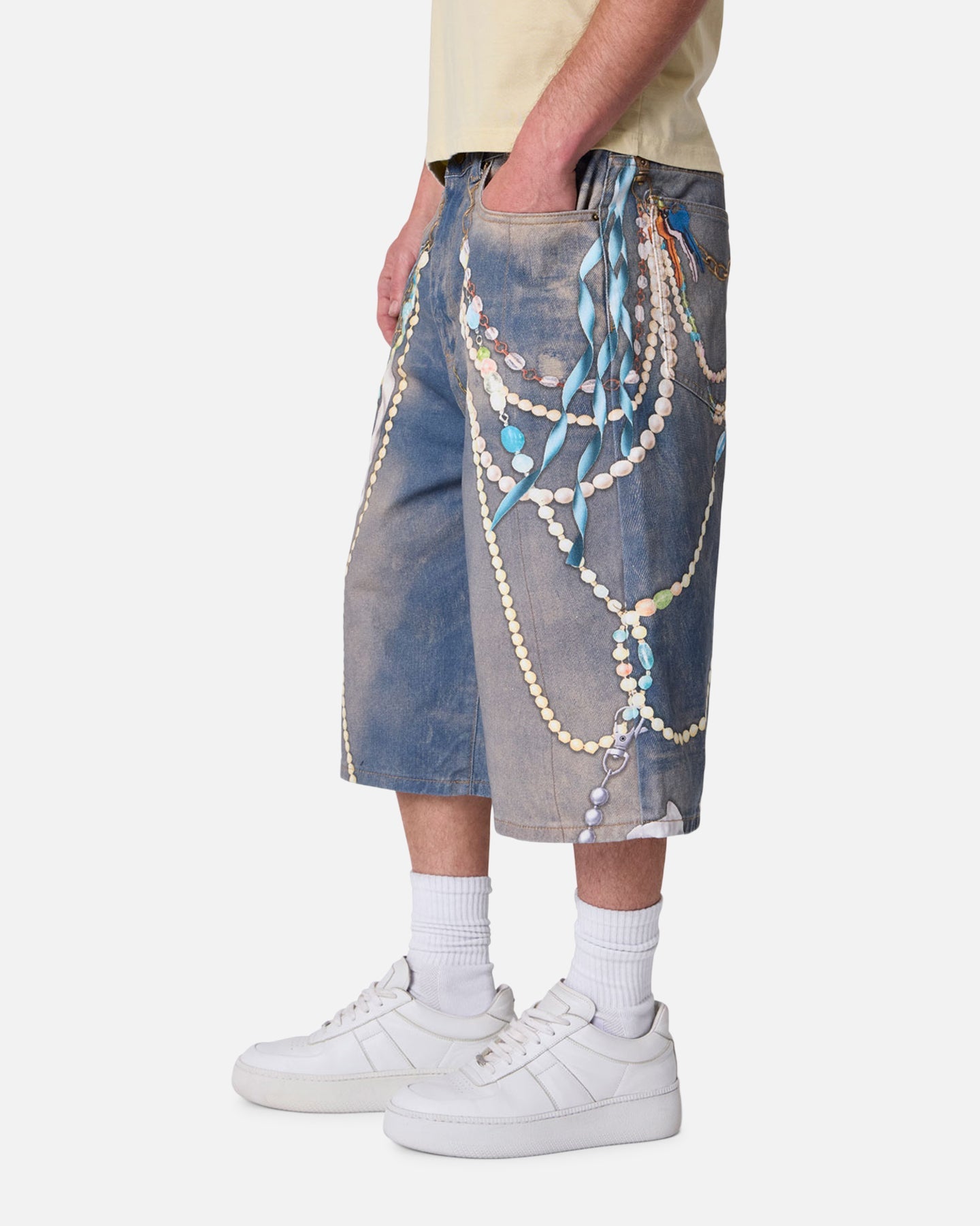 MNML Ultra Baggy Chain Printed Denim Shorts Light Blue