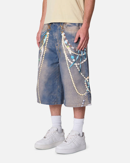 MNML Ultra Baggy Chain Printed Denim Shorts Light Blue