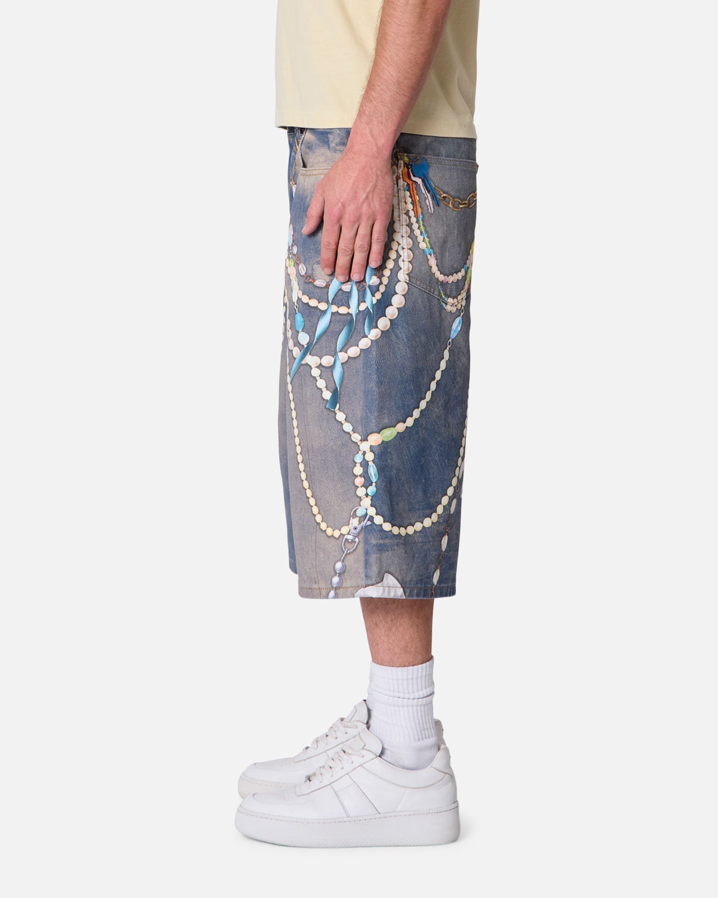 MNML Ultra Baggy Chain Printed Denim Shorts Light Blue