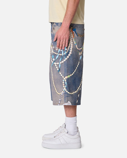 MNML Ultra Baggy Chain Printed Denim Shorts Light Blue
