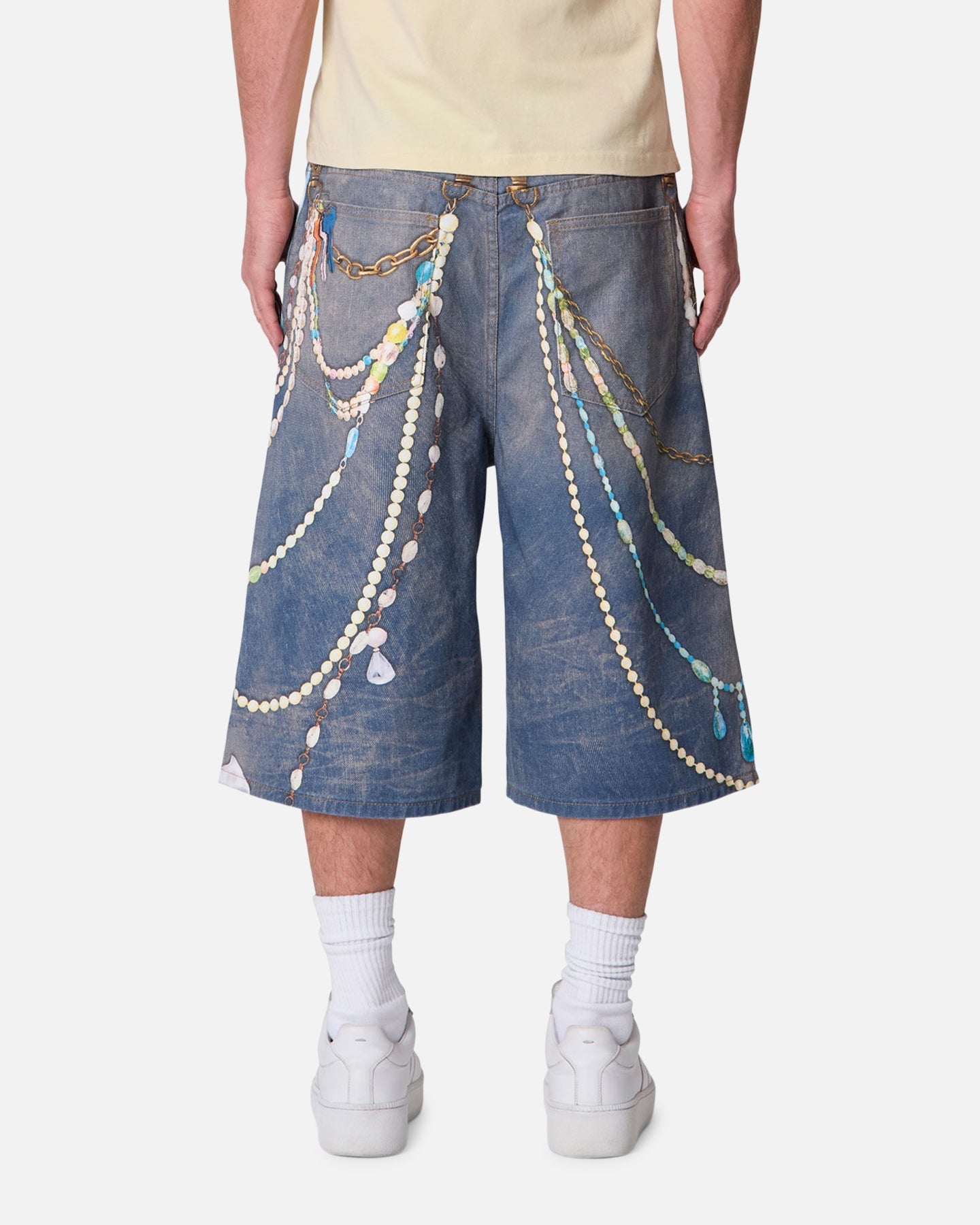 MNML Ultra Baggy Chain Printed Denim Shorts Light Blue