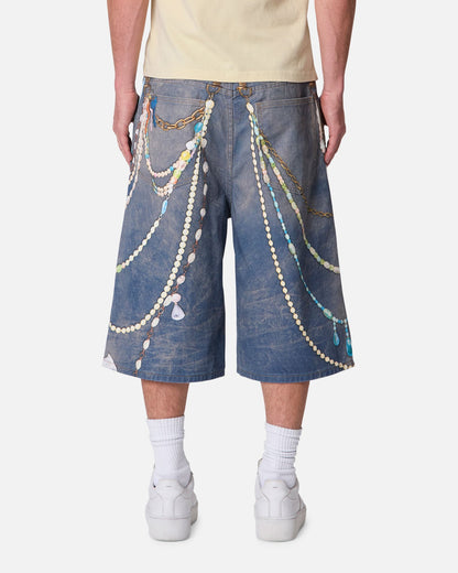 MNML Ultra Baggy Chain Printed Denim Shorts Light Blue