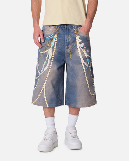 MNML Ultra Baggy Chain Printed Denim Shorts Light Blue