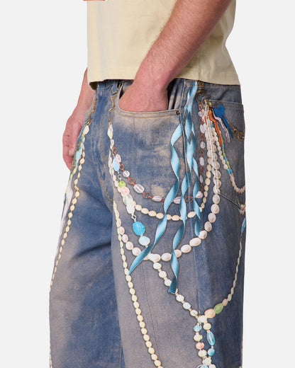 MNML Ultra Baggy Chain Printed Denim Shorts Light Blue