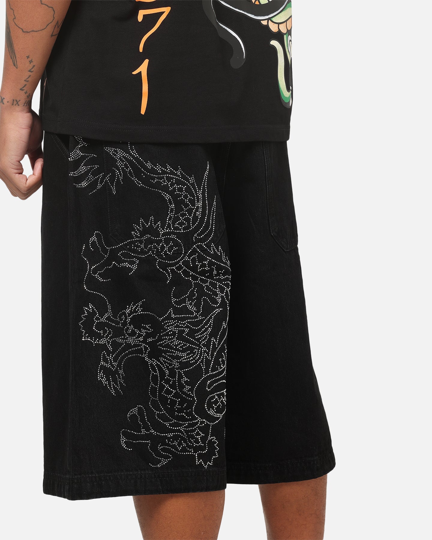 Ed Hardy Dragon Rhinestone Jorts Black