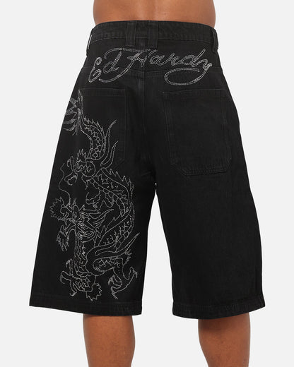 Ed Hardy Dragon Rhinestone Jorts Black