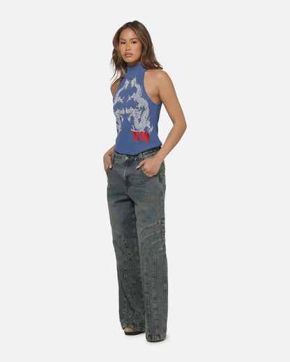 Women's Panelled Ultra Baggy Jeans Mid Blue