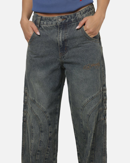 Women's Panelled Ultra Baggy Jeans Mid Blue