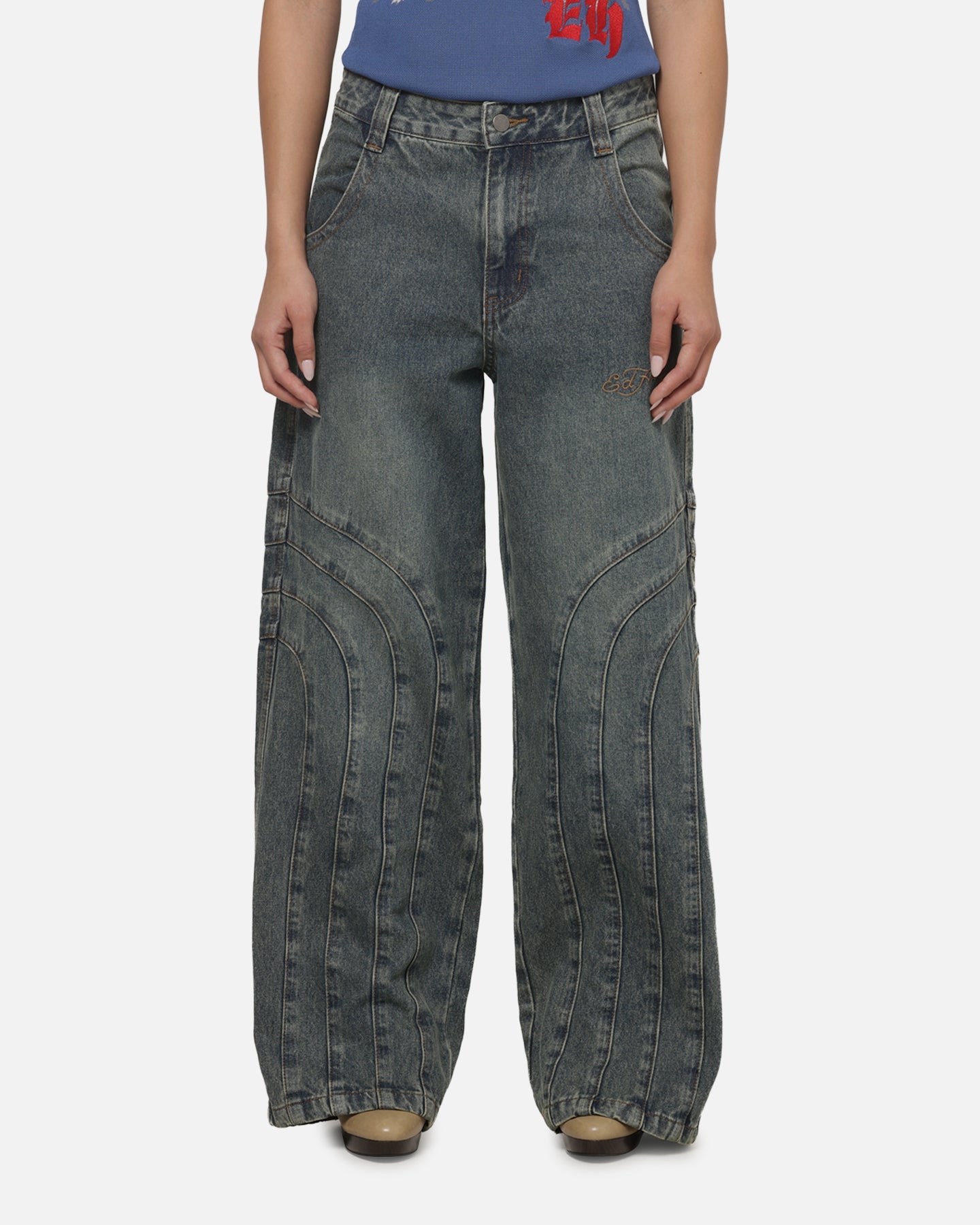Women's Panelled Ultra Baggy Jeans Mid Blue