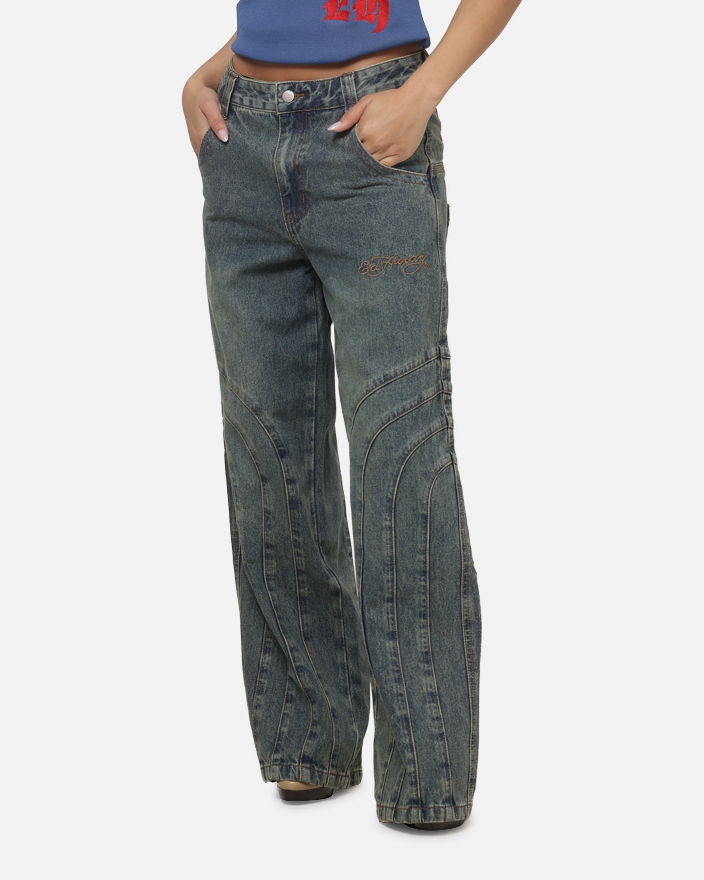 Women's Panelled Ultra Baggy Jeans Mid Blue