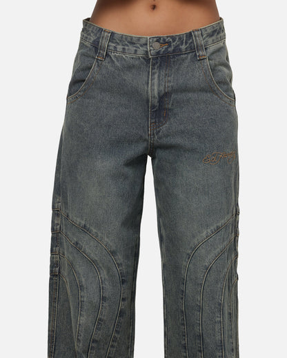 Women's Panelled Ultra Baggy Jeans Mid Blue