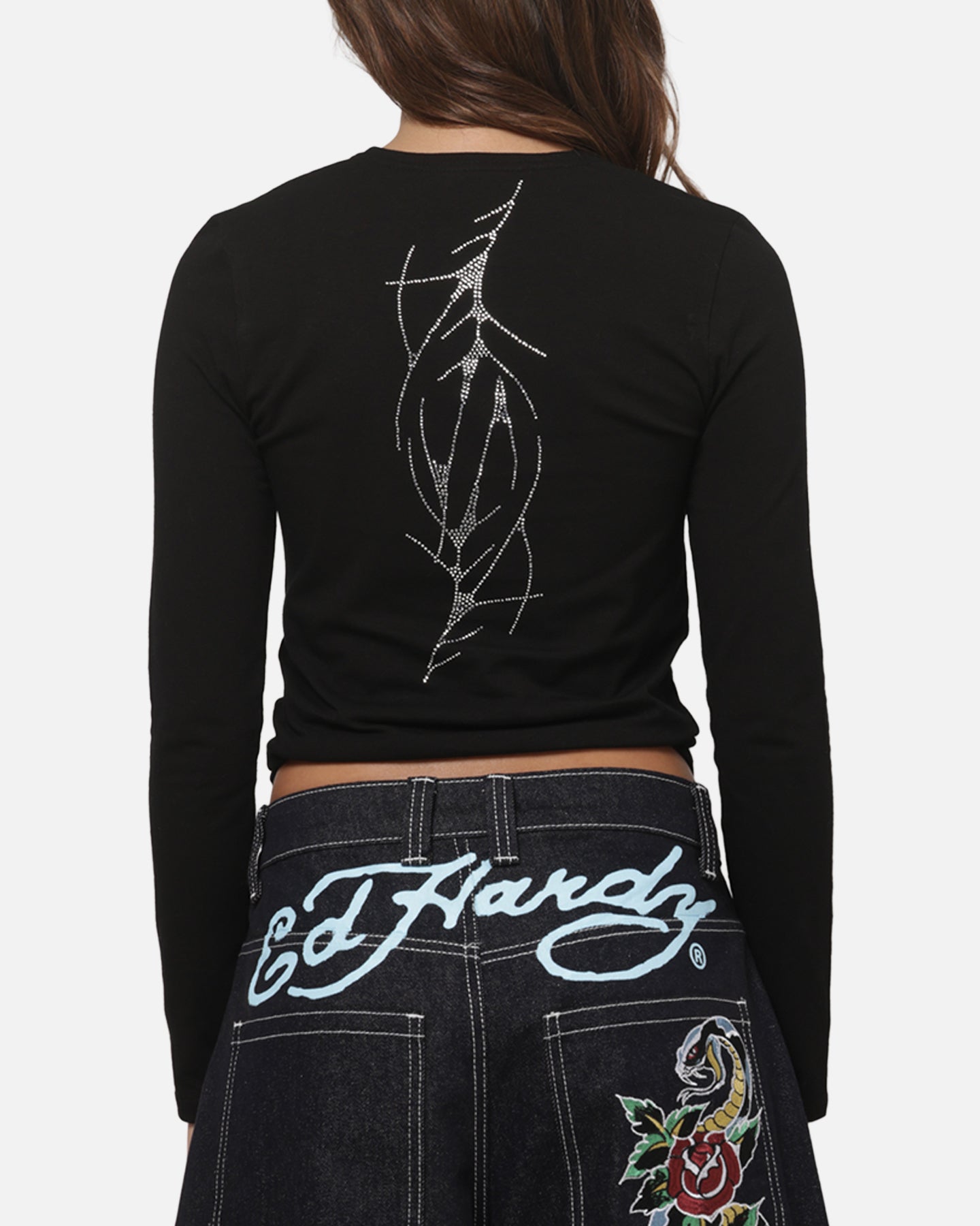 Ed Hardy Women's Cyber Rhinestone Long Sleeve T-Shirt Black