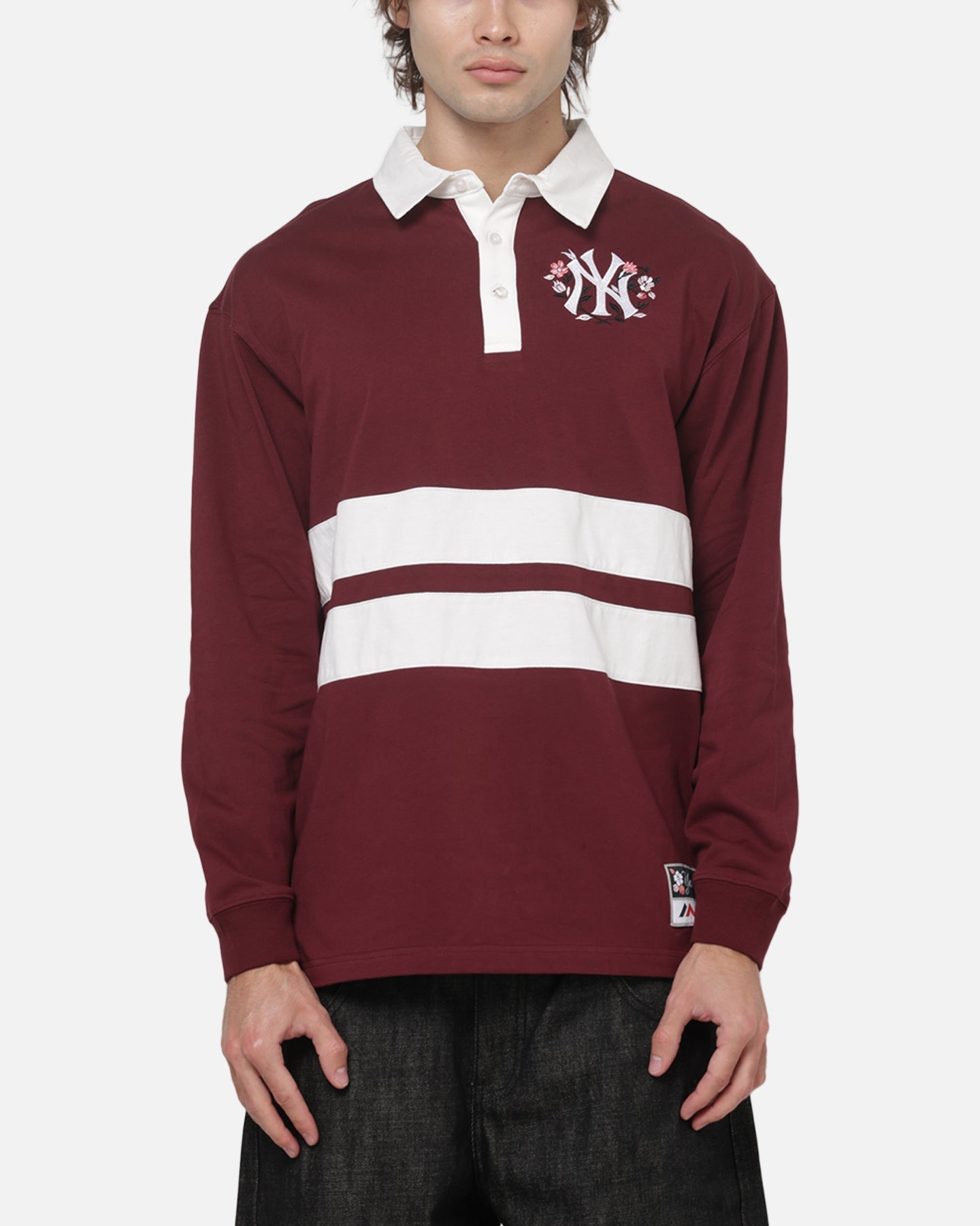 Mitchell & Ness New York Yankees Roses Rugby Long Sleeve Polo Shirt Sour Cherry