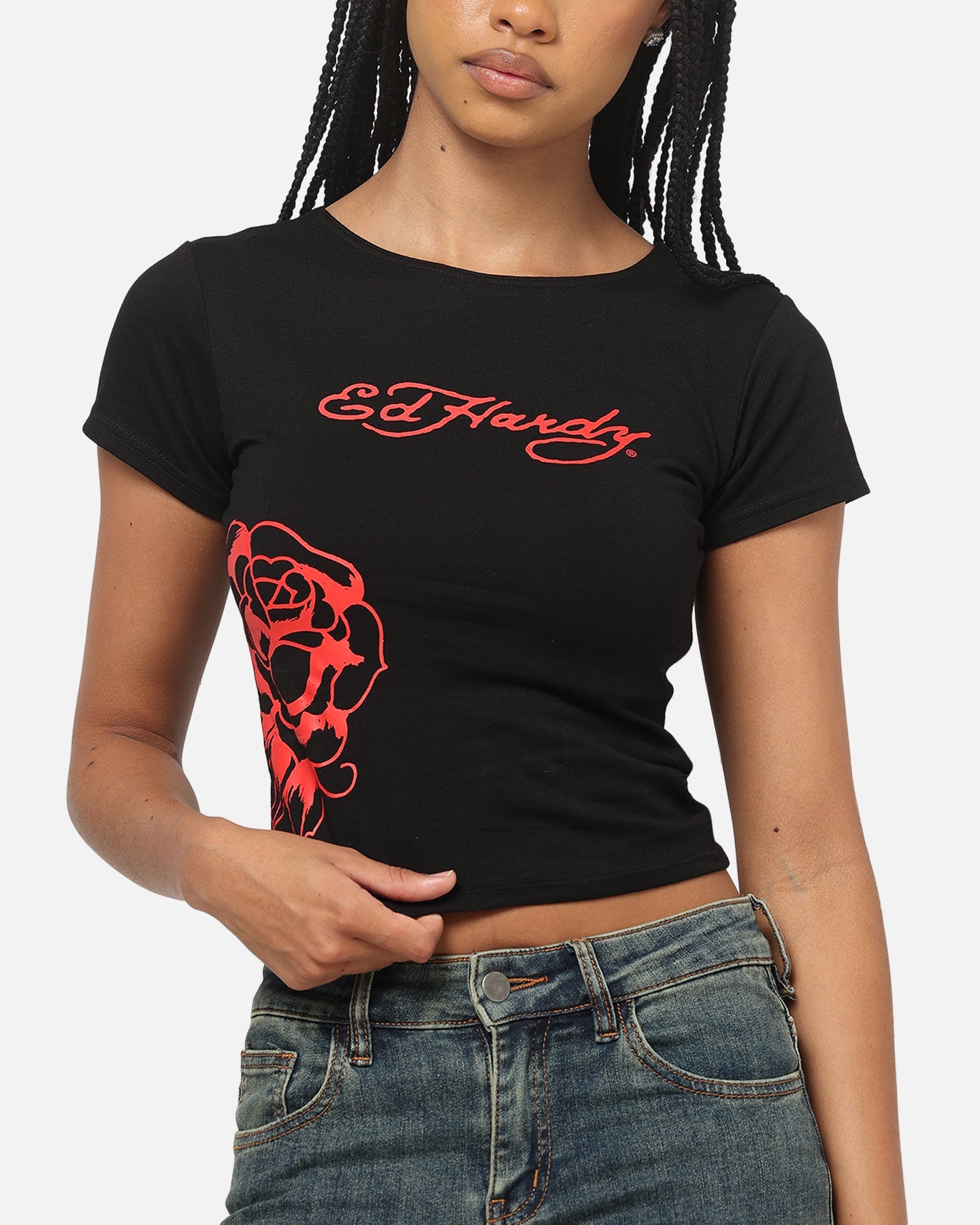 Ed Hardy Women's Rose Heart Baby T-Shirt Black/Red