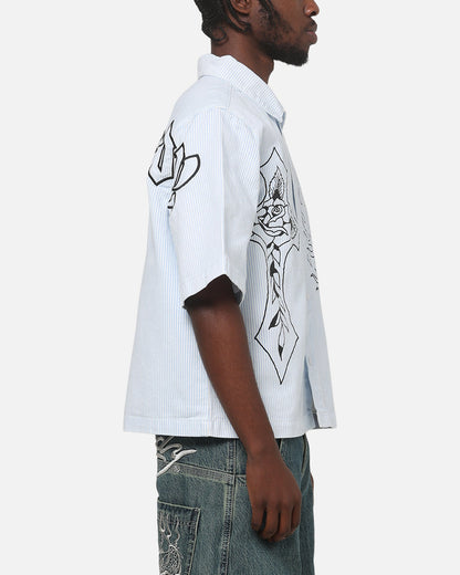 Ed Hardy Ghost Tattoo Button Up Shirt Blue Pinstripe