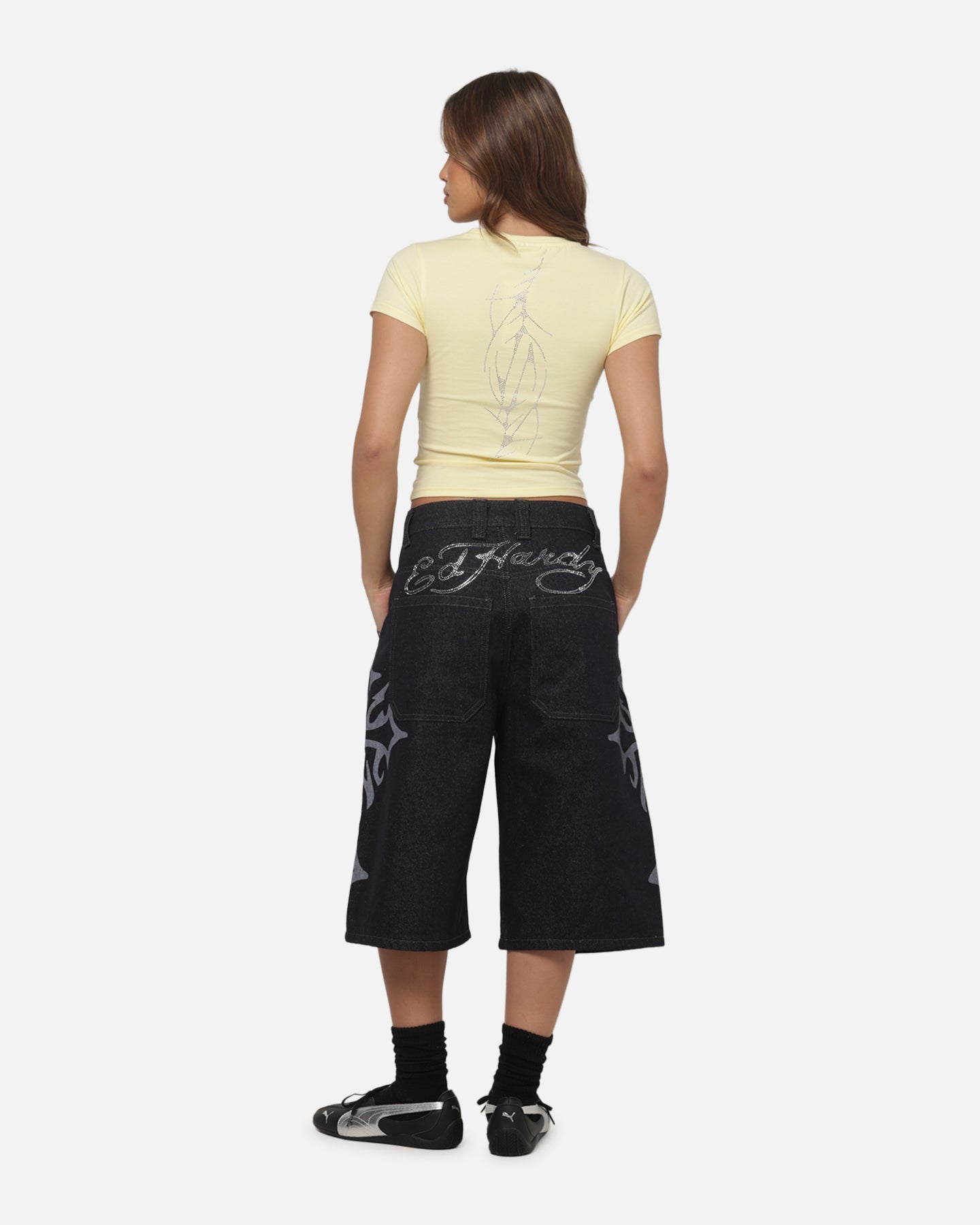 Ed Hardy Women's Cyber Rhinestone Baby T-Shirt Butter Yellow