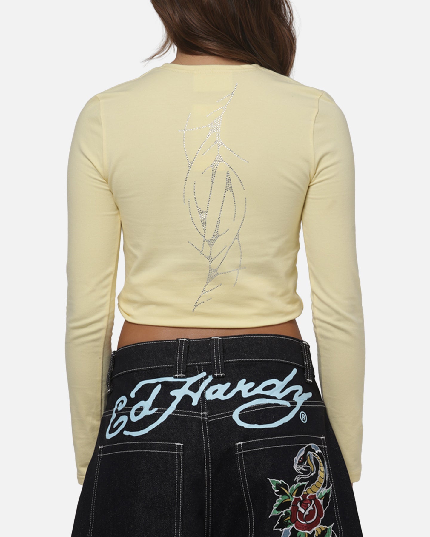 Ed Hardy Women's Cyber Rhinestone Long Sleeve T-Shirt Butter Yellow