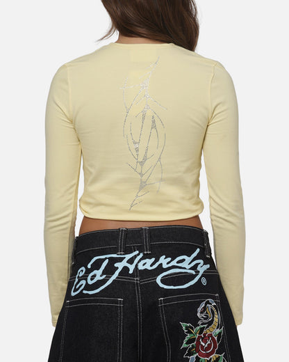 Ed Hardy Women's Cyber Rhinestone Long Sleeve T-Shirt Butter Yellow