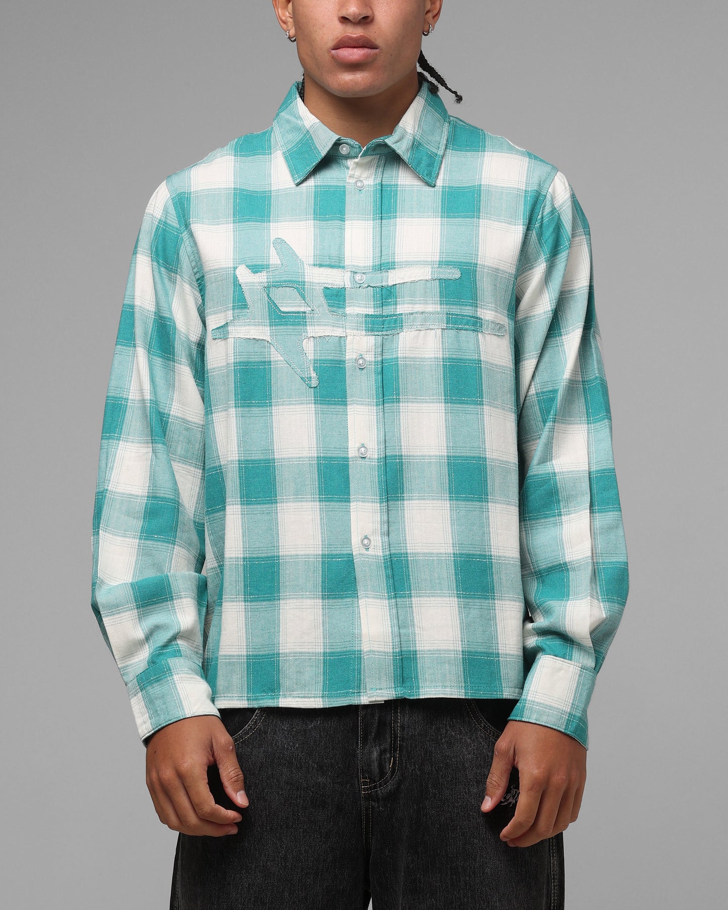Loiter Hybrid Flannel Button Up Shirt Green-Plaid