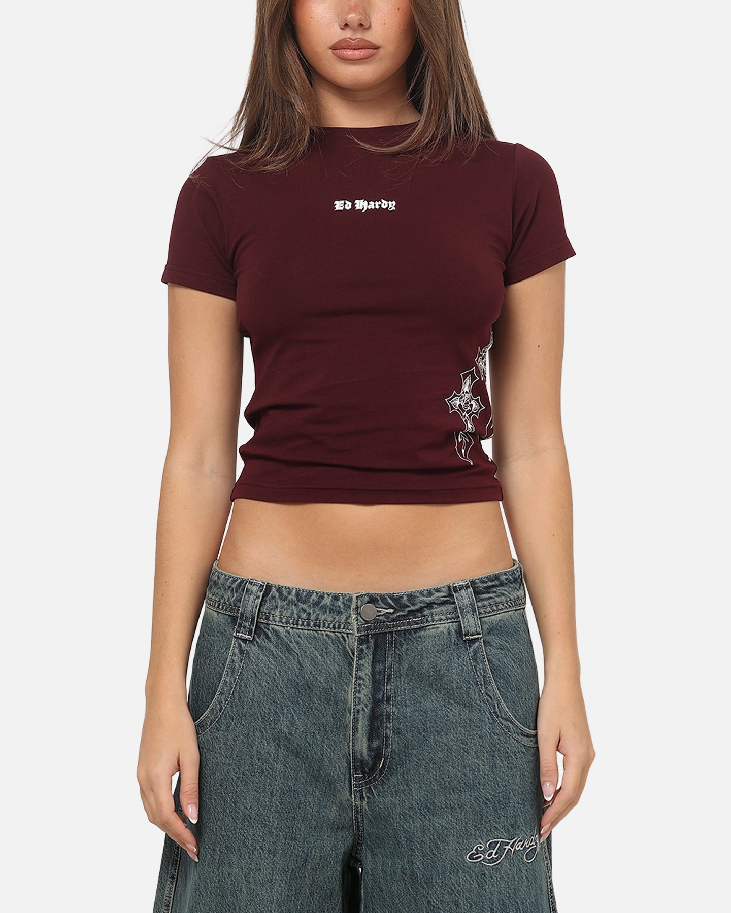Ed Hardy Women's Cross Baby T-Shirt Plum