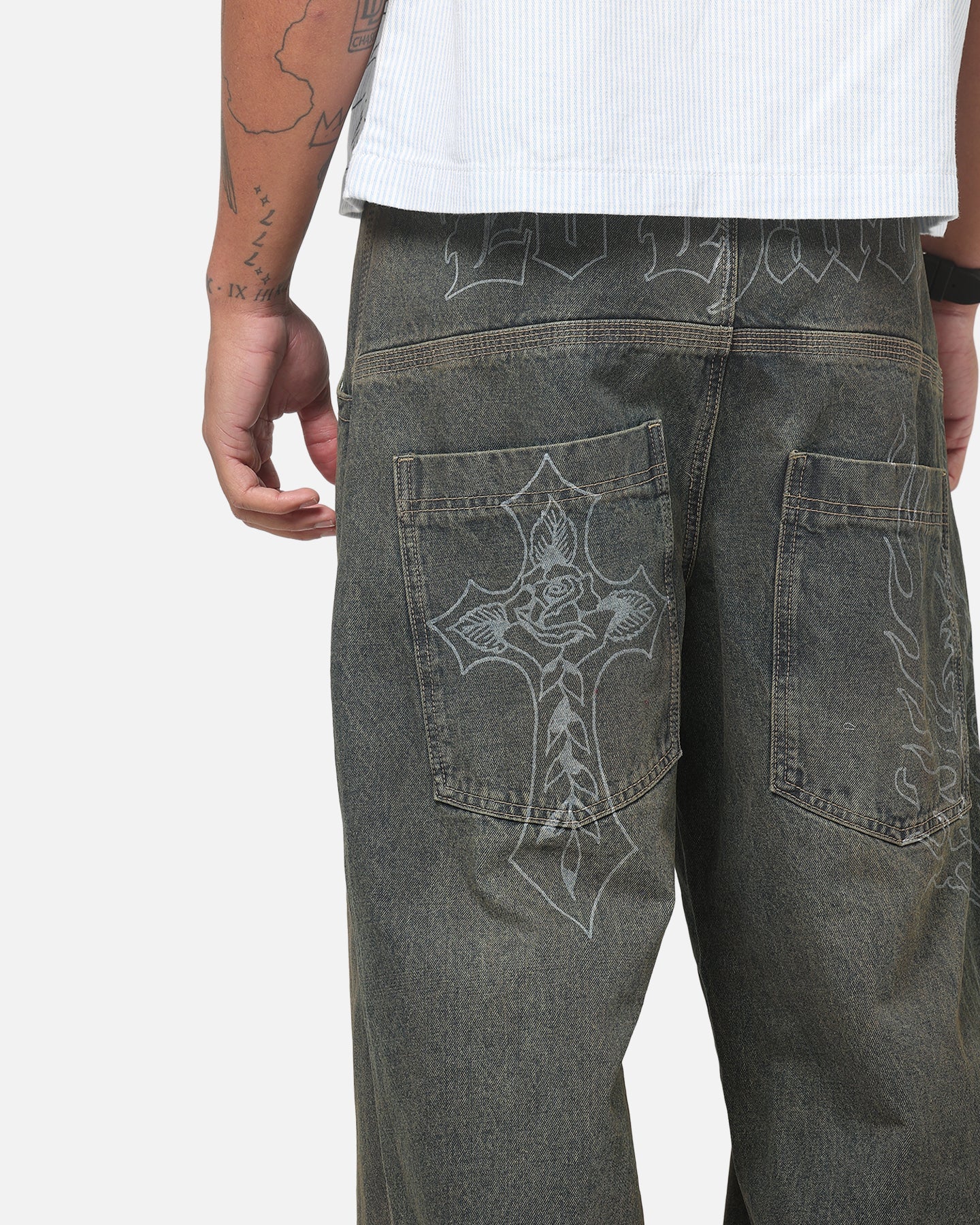 Ed Hardy Ghost Tattoo Ultra Wide Jeans Dirty Denim