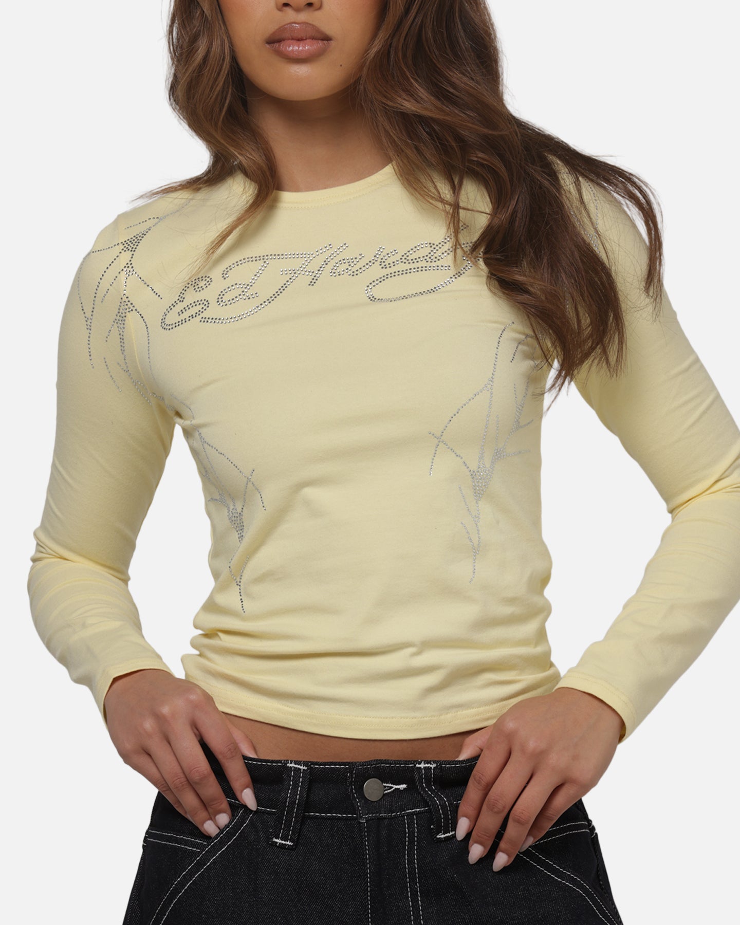 Ed Hardy Women's Cyber Rhinestone Long Sleeve T-Shirt Butter Yellow