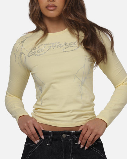 Ed Hardy Women's Cyber Rhinestone Long Sleeve T-Shirt Butter Yellow