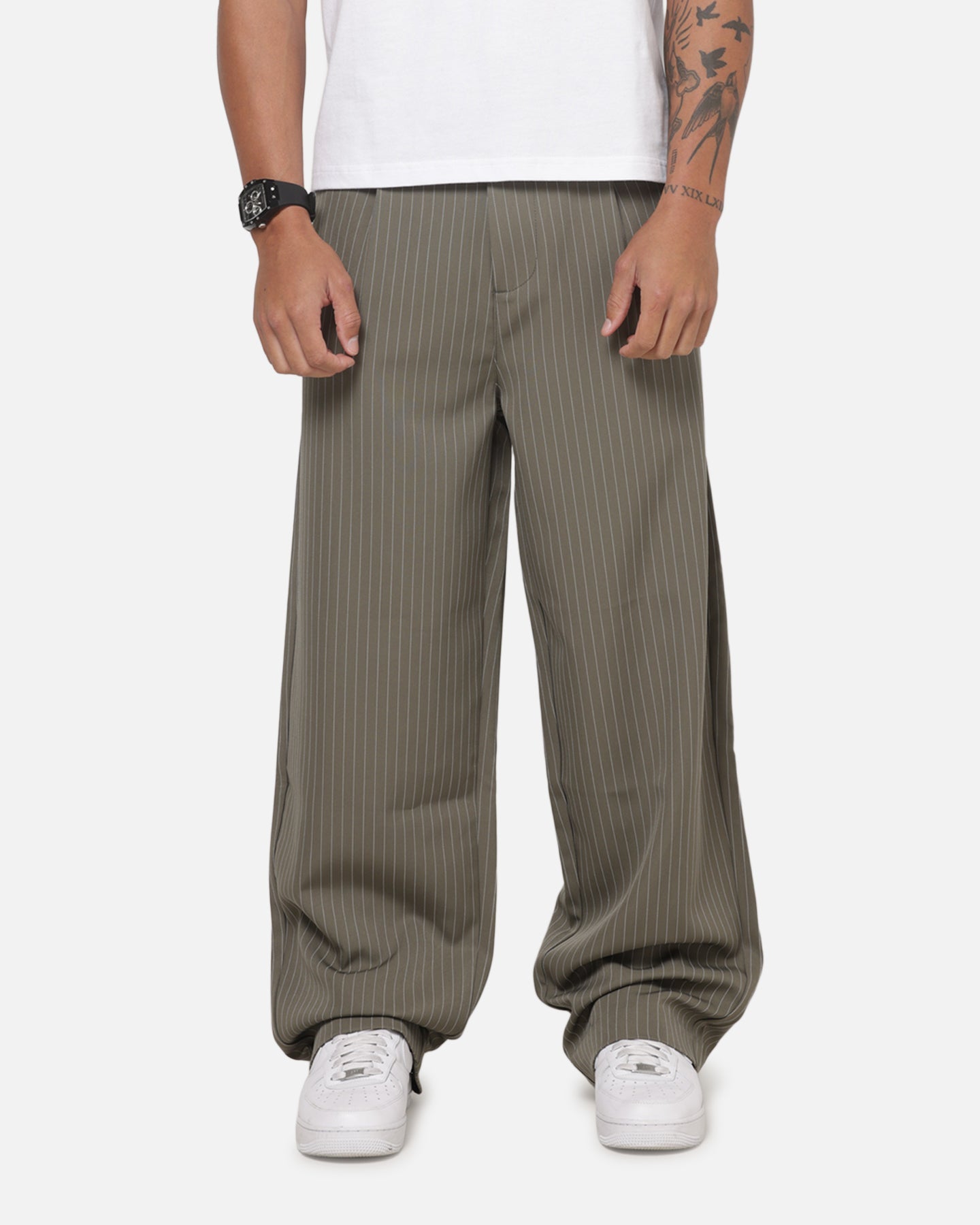 Carre Heritage Pleated Pants Sage Pinstripe