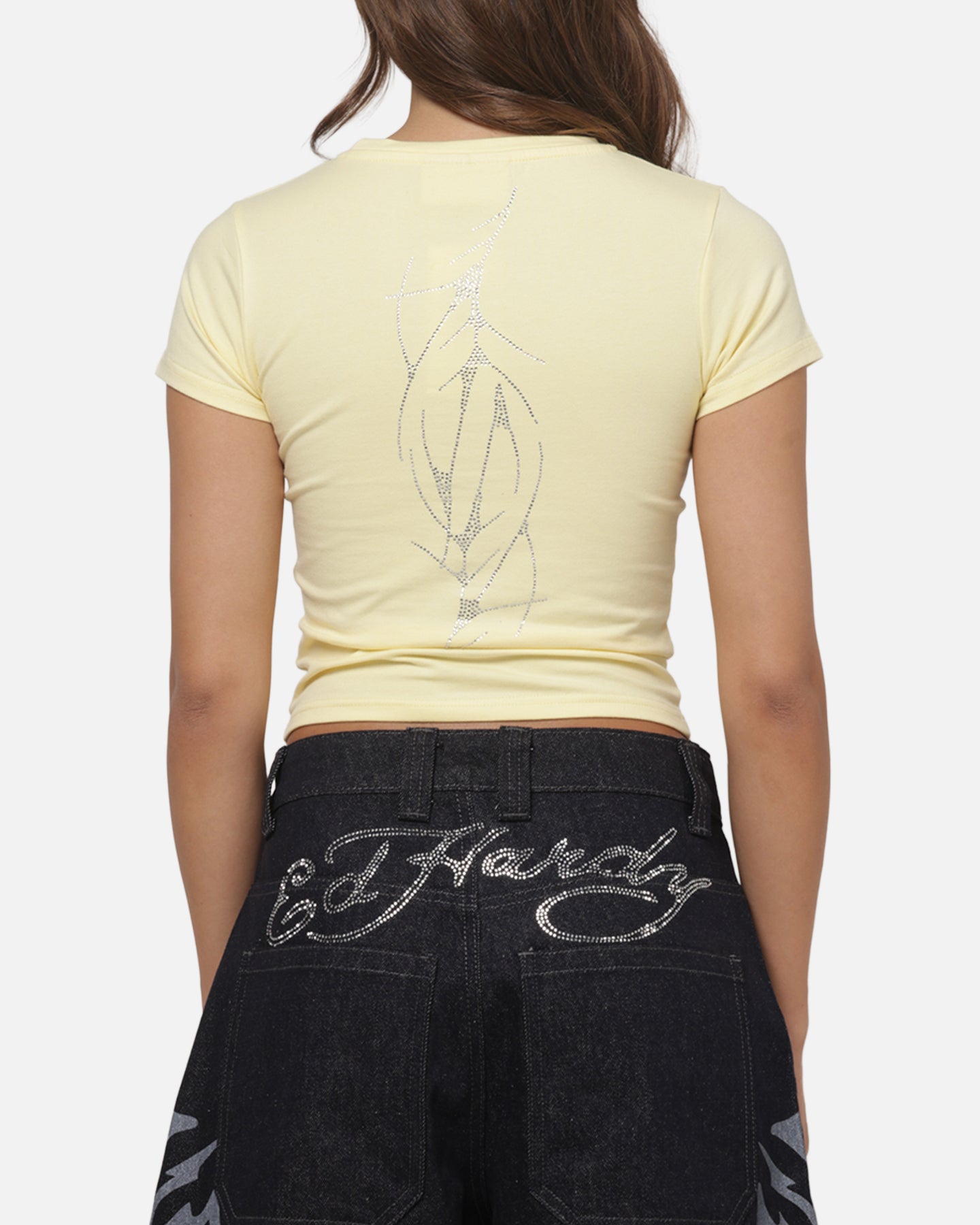 Ed Hardy Women's Cyber Rhinestone Baby T-Shirt Butter Yellow
