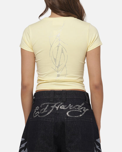 Ed Hardy Women's Cyber Rhinestone Baby T-Shirt Butter Yellow
