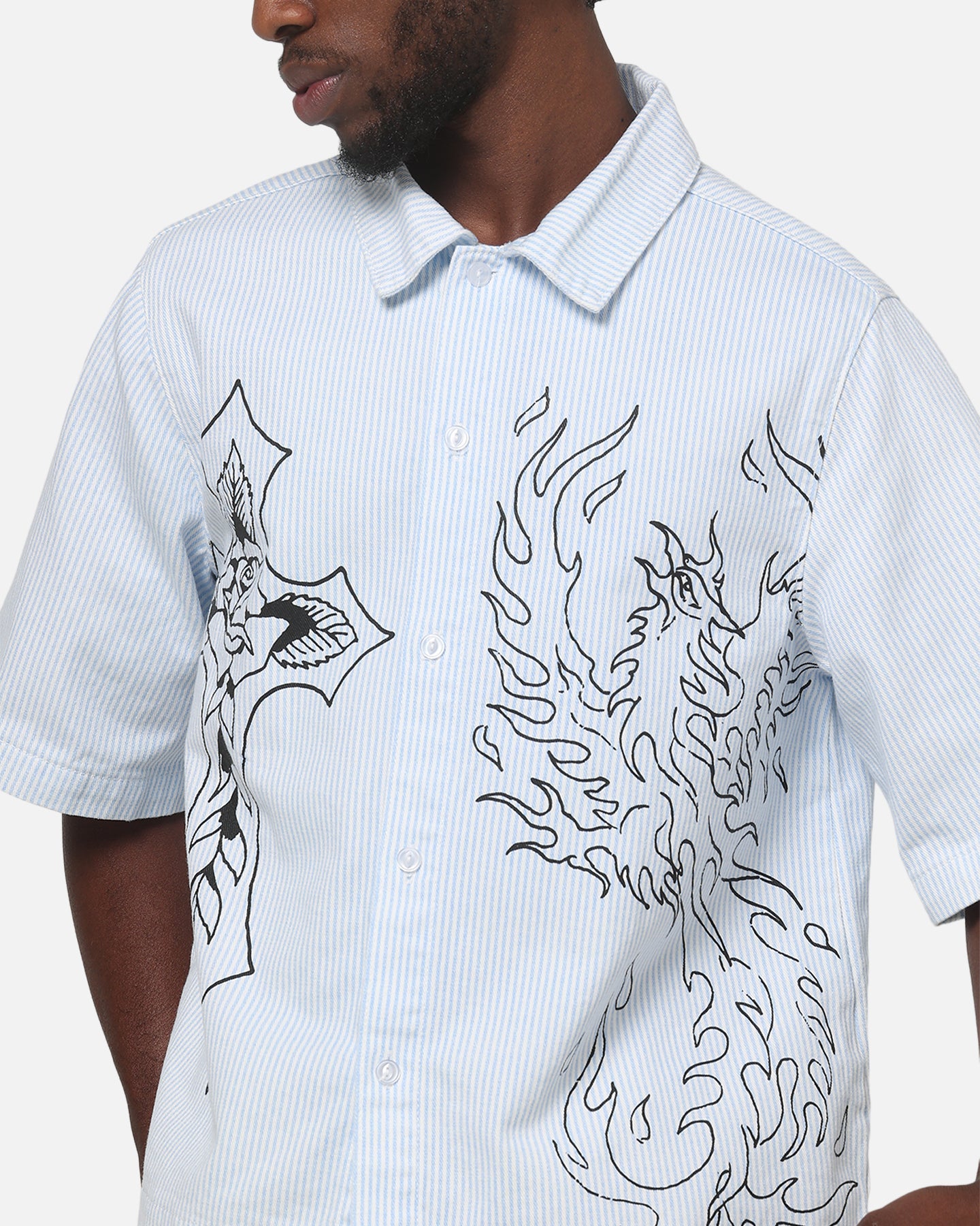 Ed Hardy Ghost Tattoo Button Up Shirt Blue Pinstripe