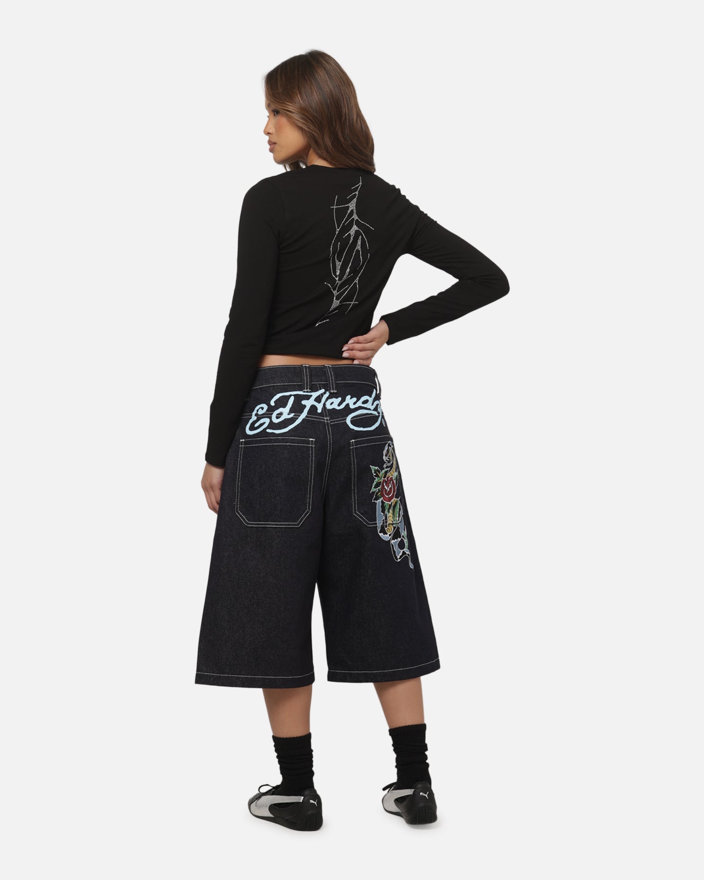 Ed Hardy Women's Cyber Rhinestone Long Sleeve T-Shirt Black