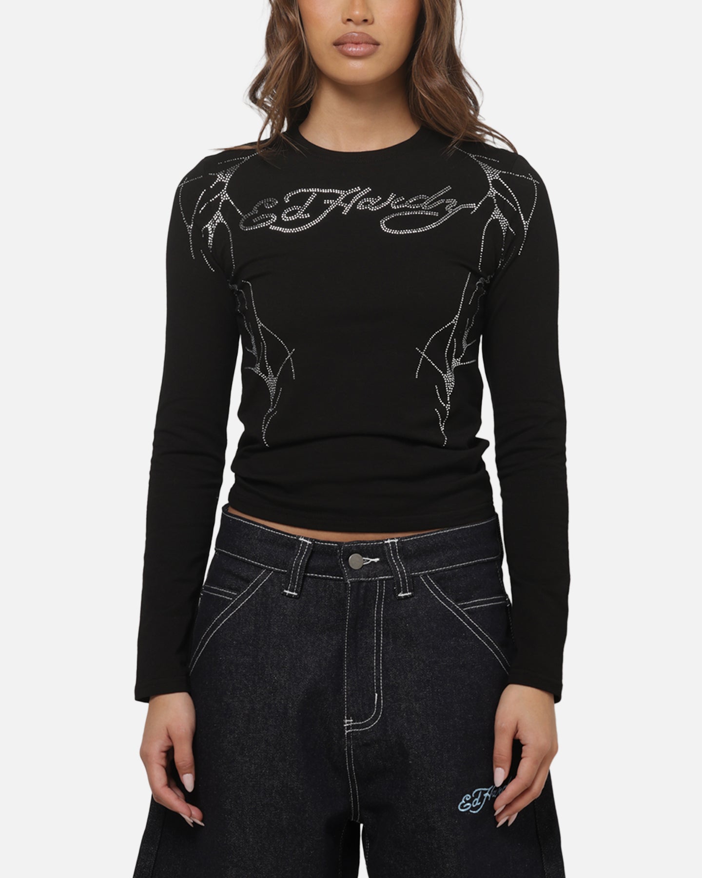Ed Hardy Women's Cyber Rhinestone Long Sleeve T-Shirt Black