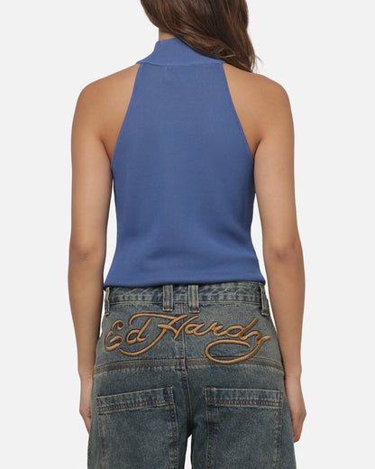 Ed Hardy Women's Dragon Knitted Top Washed Blue