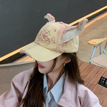 Y2K Doberman Dog Ears Washed Denim Baseball Cap