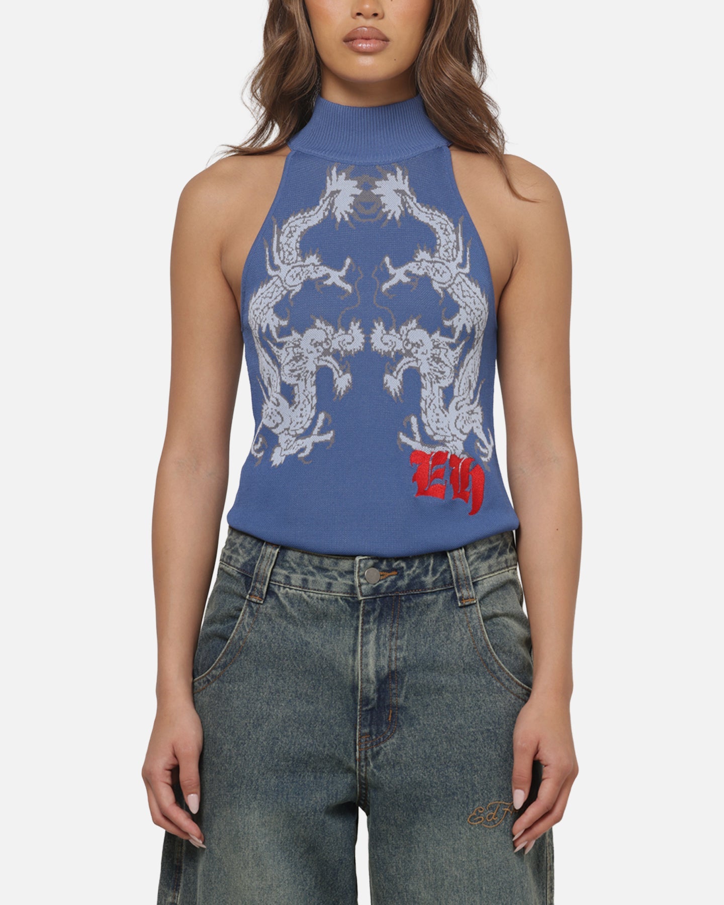 Ed Hardy Women's Dragon Knitted Top Washed Blue
